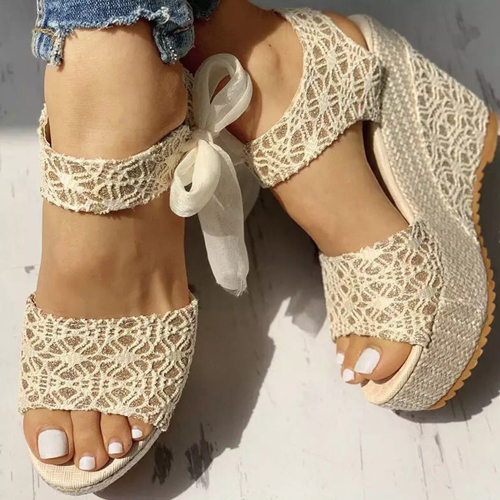Lace-Up Open Toe Wedge Heel Plain Sandals