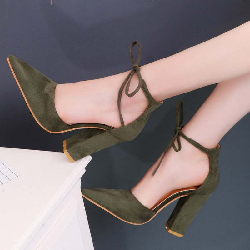 Lace-Up Chunky Heel Pointed Toe 9cm Thin Shoes