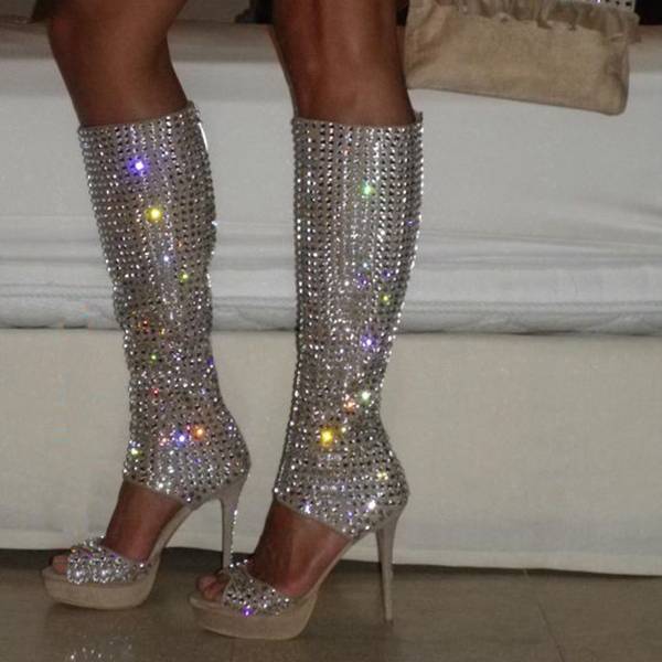 Stiletto Heel Zipper Open Toe Rhinestone Sandals