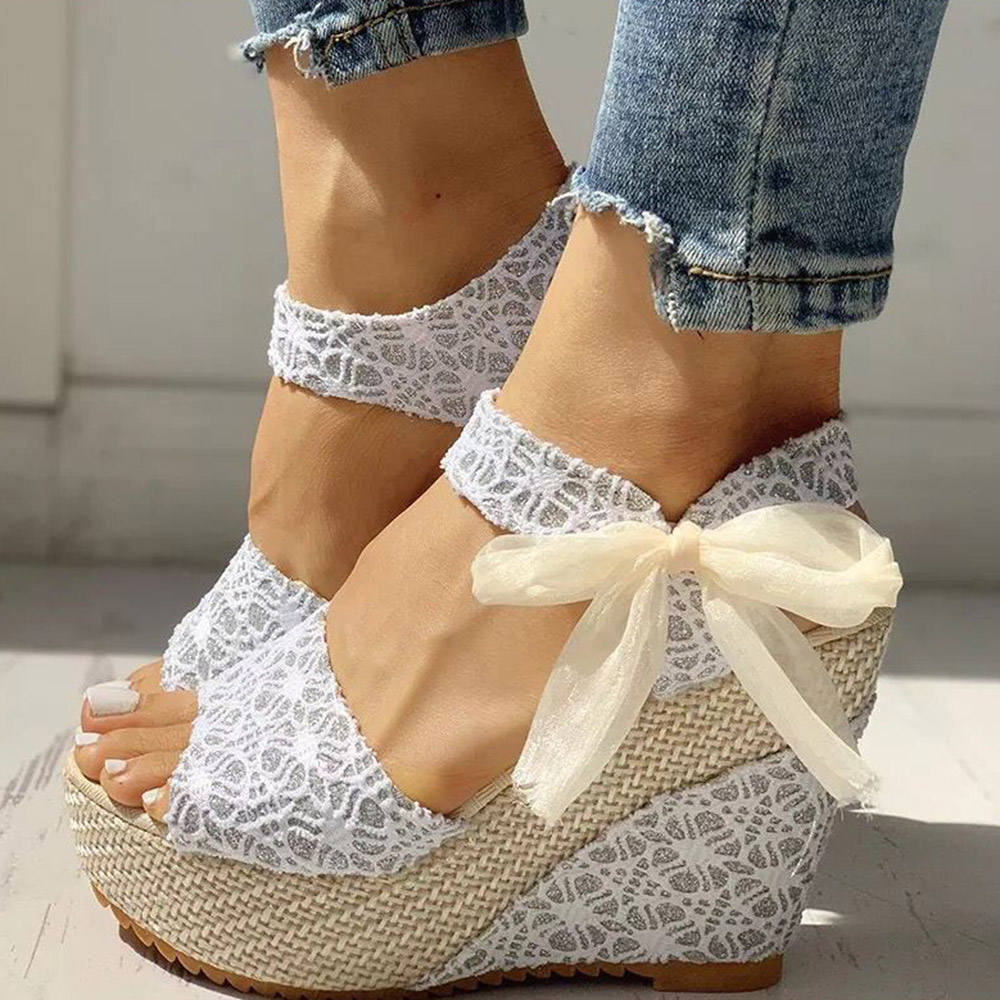 Lace-Up Open Toe Wedge Heel Plain Sandals