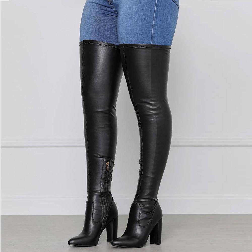 Pointed Toe Chunky Heel Plain Side Zipper Western Boots