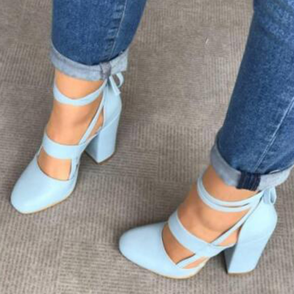 Cross Strap Round Toe Chunky Heel Lace-Up Plain Thin Shoes