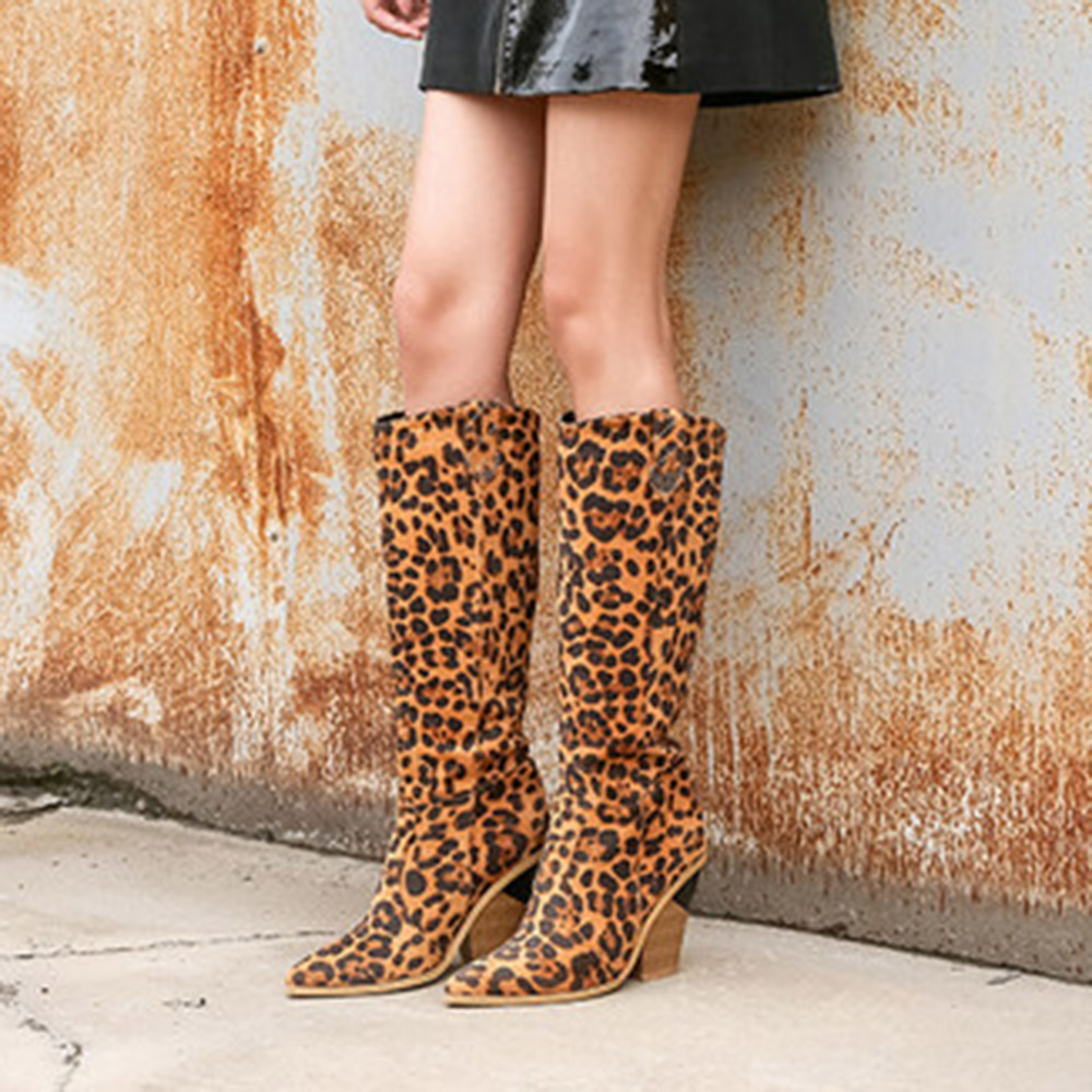 Pointed Toe Leopard Slip-On Western Boots
