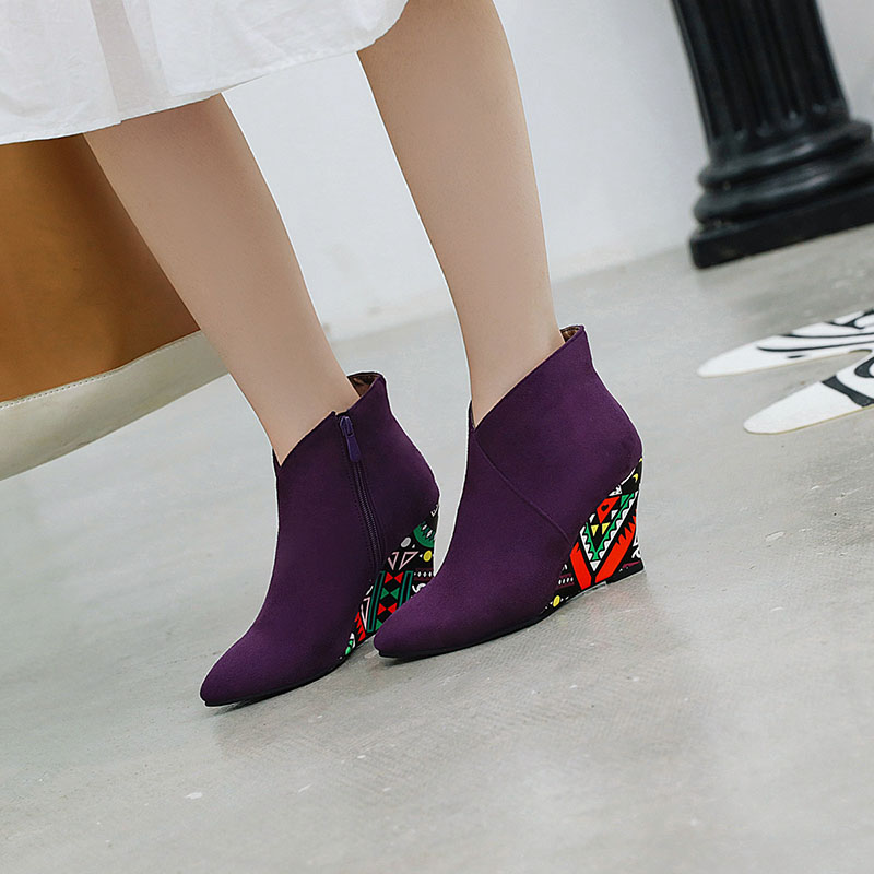 Pointed Toe Color Block Wedge Heel Side Zipper Casual Boots