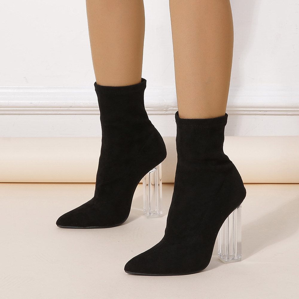 Plain Chunky Heel Slip-On Pointed Toe Cotton Boots