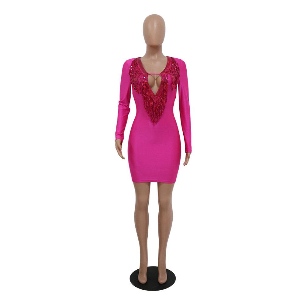 V-Neck Tassel Long Sleeve Above Knee Sexy Women's Dress