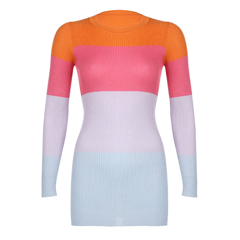 Round Neck Patchwork Above Knee Long Sleeve Pullover Women's Dress