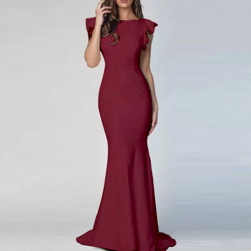 Floor-Length Short Sleeve Round Neck Falbala Pullover Women's Dress