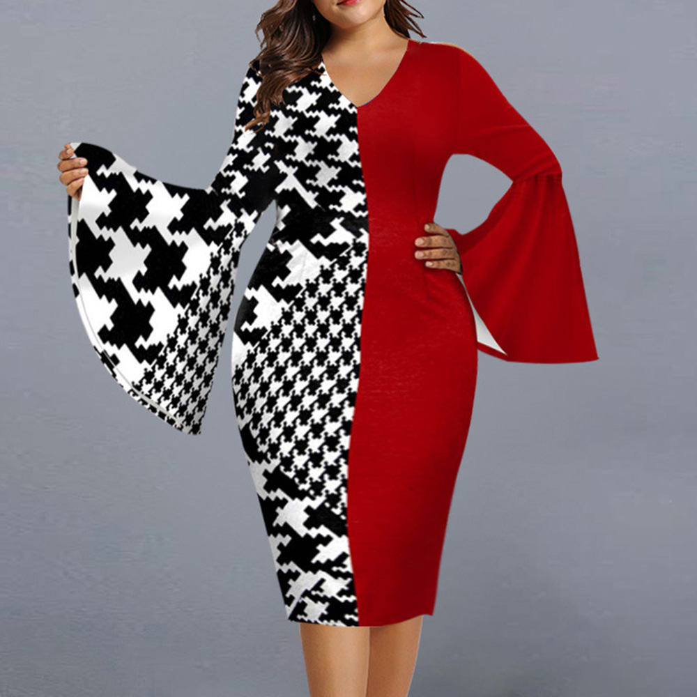 V-Neck Mid-Calf Long Sleeve Print Color Block Women's Dress