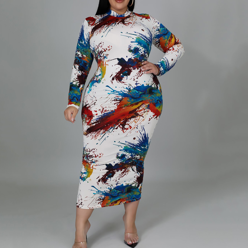 Stand Collar Long Sleeve Mid-Calf Hand Painted Women's Dress