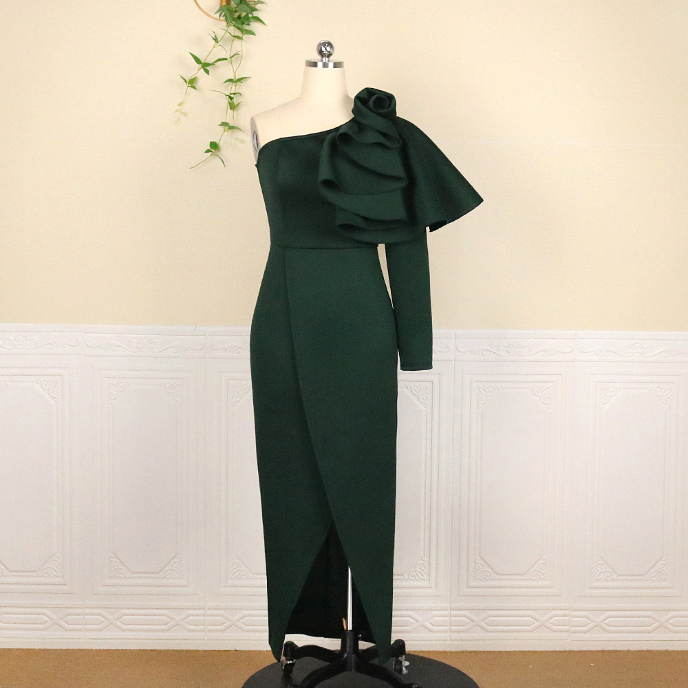 Ankle-Length Falbala Long Sleeve Oblique Collar Fashion Women's Dress