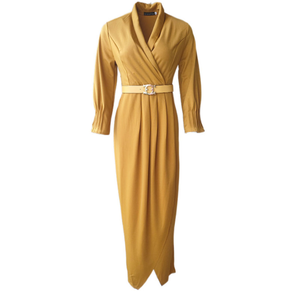 Lapel Floor-Length Three-Quarter Sleeve Pleated Office Lady Women's Dress