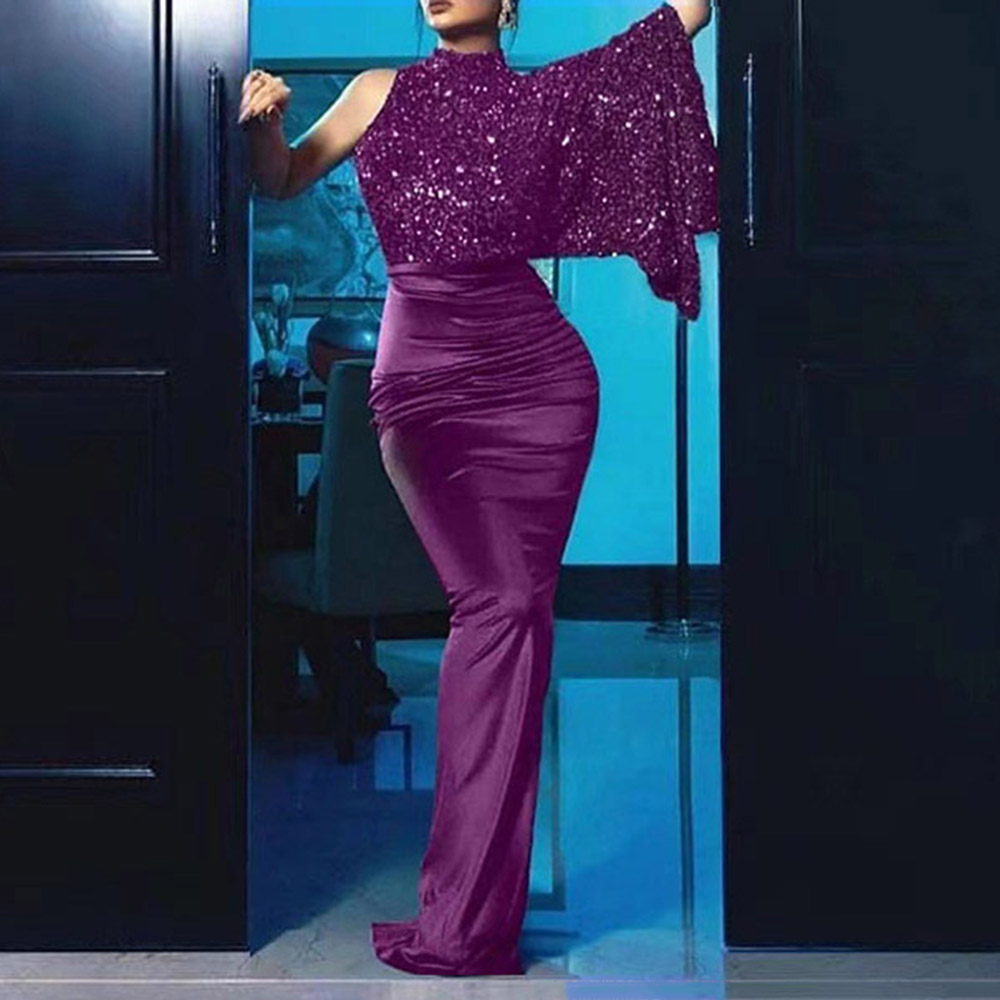 Sequins Three-Quarter Sleeve Floor-Length Stand Collar Pencil Women's Dress