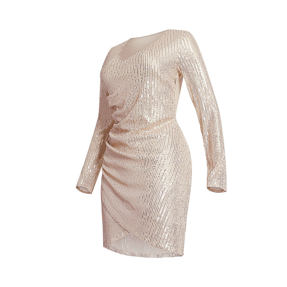 Sequins Long Sleeve V-Neck Above Knee Pullover Women's Dress