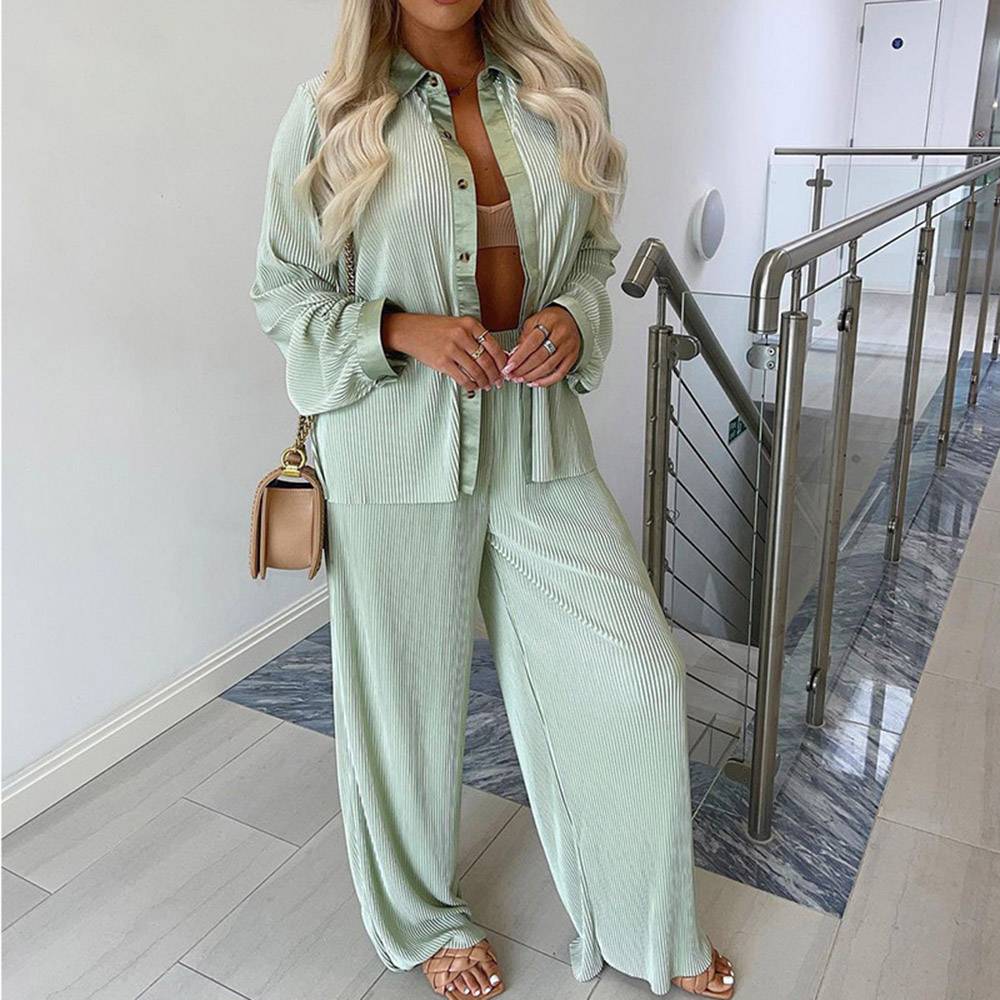 Plain Button Casual Shirt Single-Breasted Women's Two Piece Sets