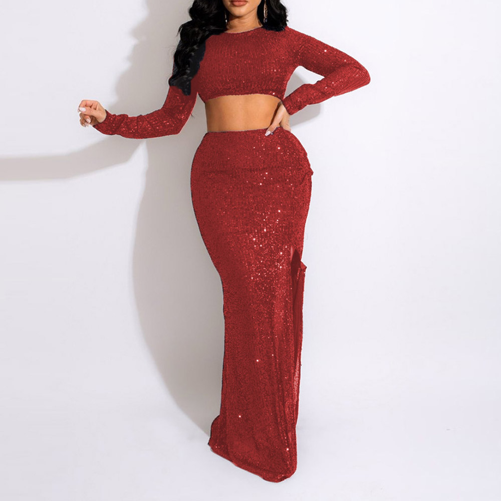 Skirt Sequins Plain Sexy Round Neck Women's Two Piece Sets