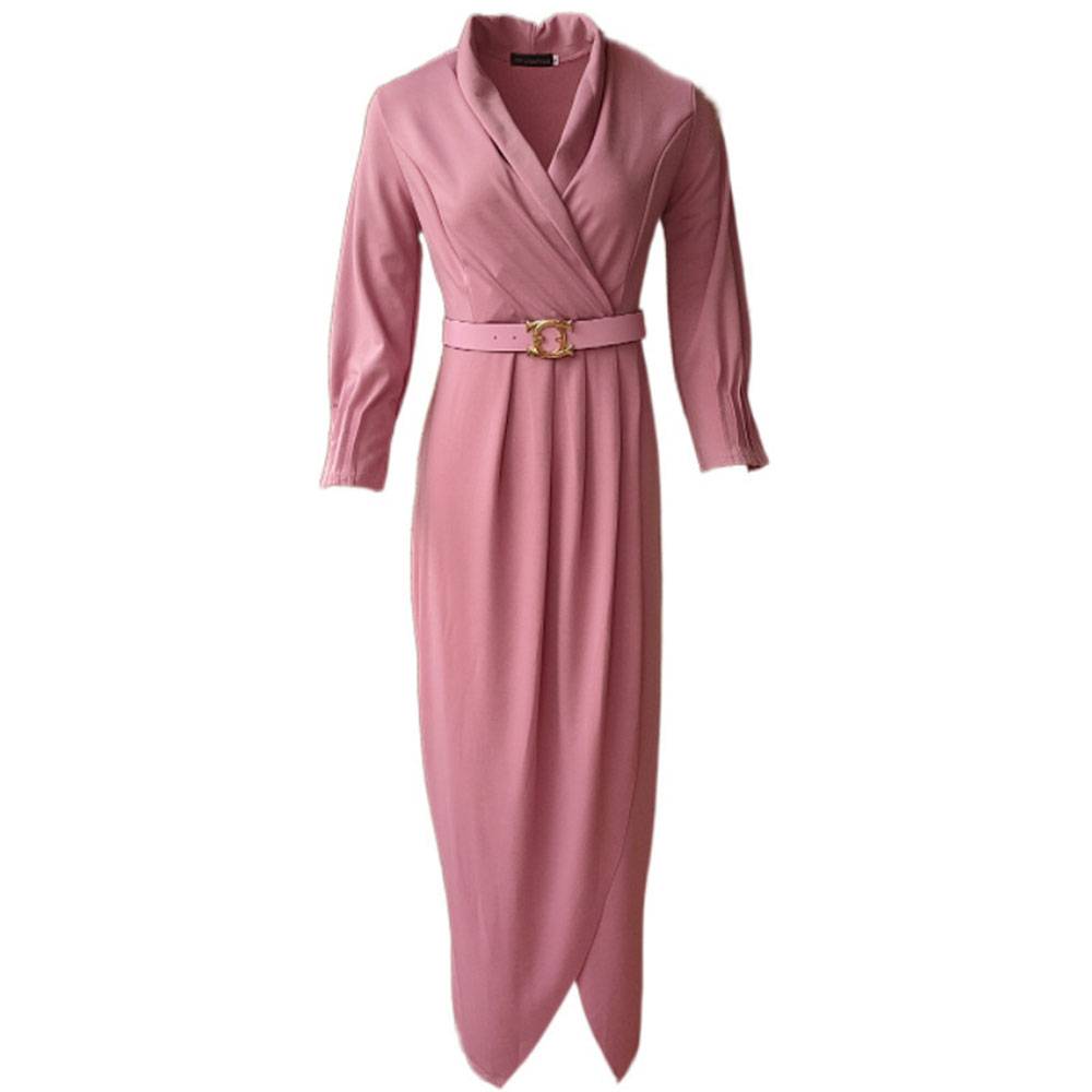 Lapel Floor-Length Three-Quarter Sleeve Pleated Office Lady Women's Dress