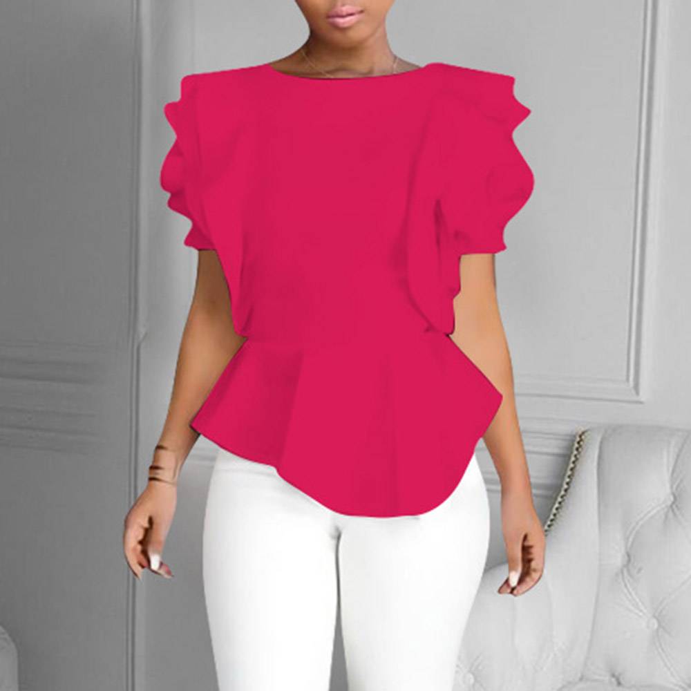 Round Neck Plain Asymmetric Short Sleeve Women's Blouse