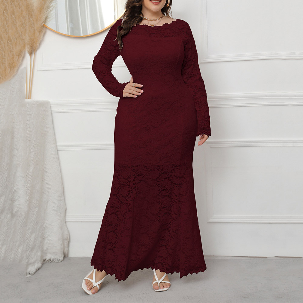 Round Neck Long Sleeve Floor-Length Falbala Plain Women's Dress