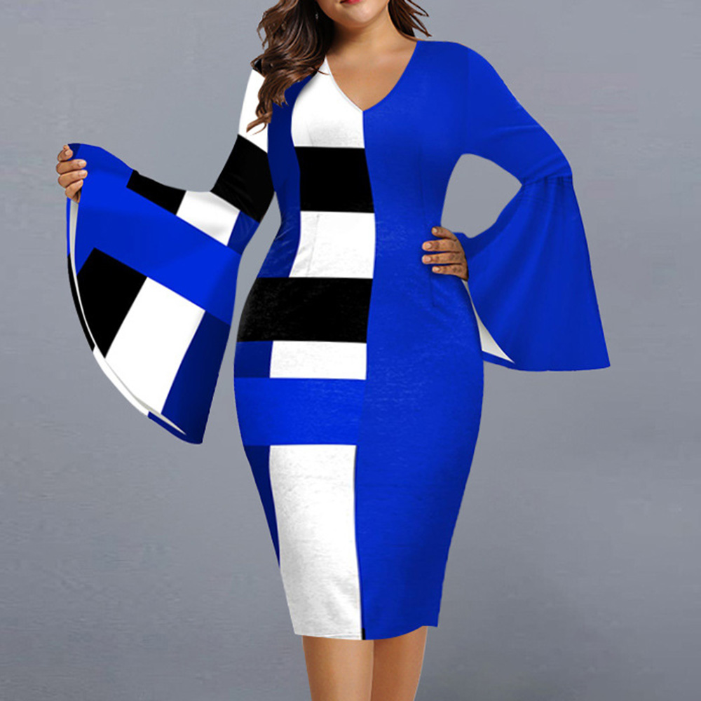 V-Neck Mid-Calf Long Sleeve Print Color Block Women's Dress