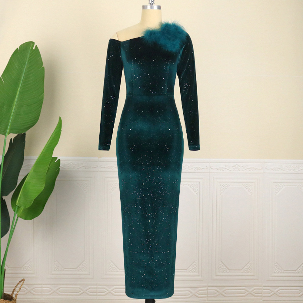 Long Sleeve Floor-Length Oblique Collar Asymmetric High Waist Women's Dress