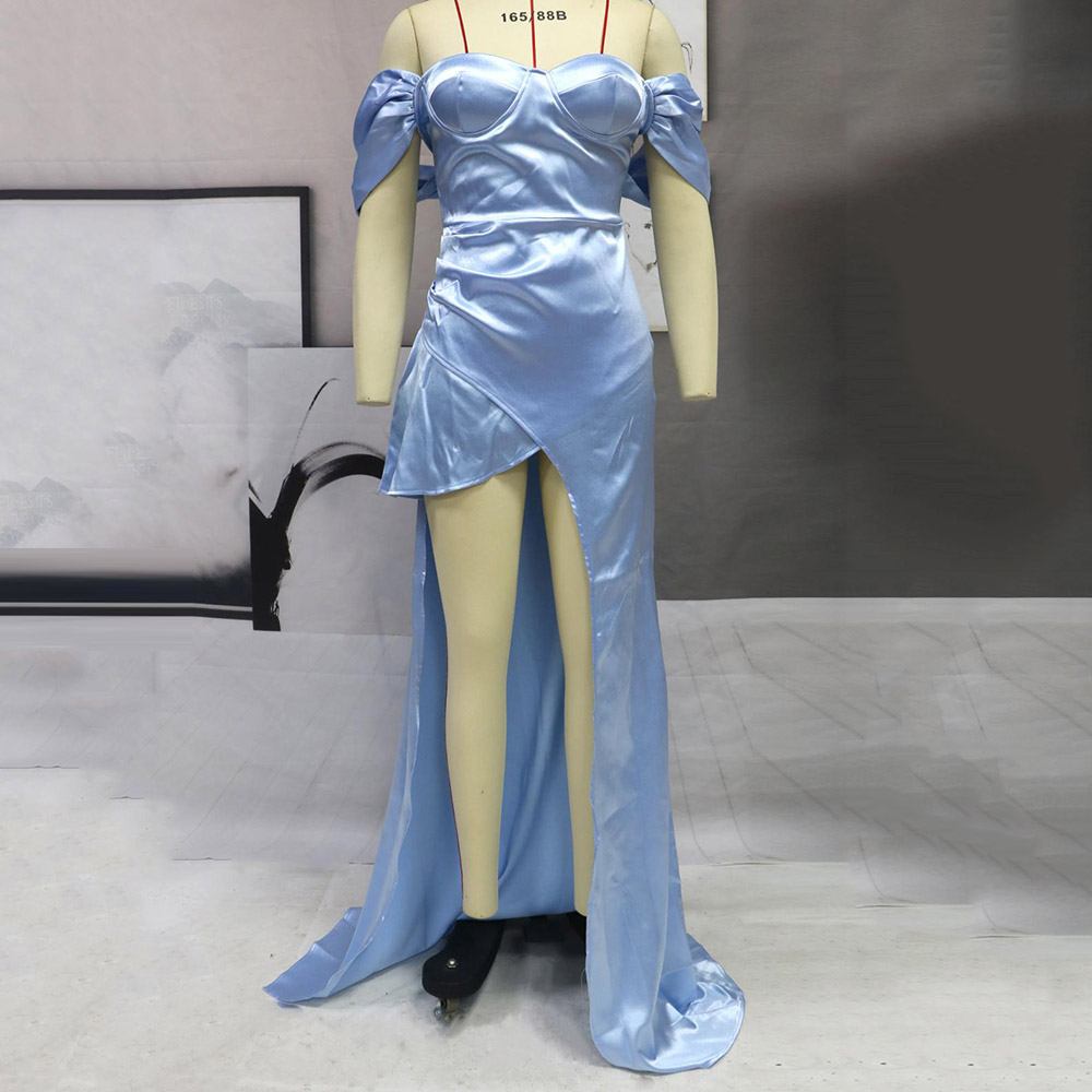 Asymmetric Floor-Length Square Neck Short Sleeve Asymmetrical Women's Dress