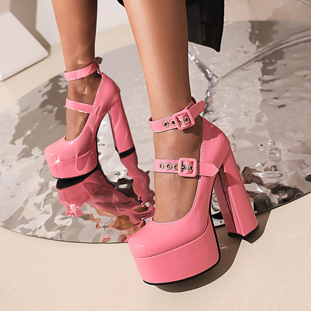 Round Toe Buckle Thread Chunky Heel Banquet Thin Shoes