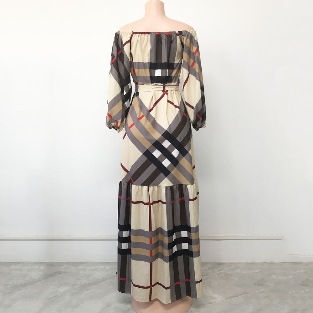 Floor-Length Print Off Shoulder Three-Quarter Sleeve Fashion Women's Dress