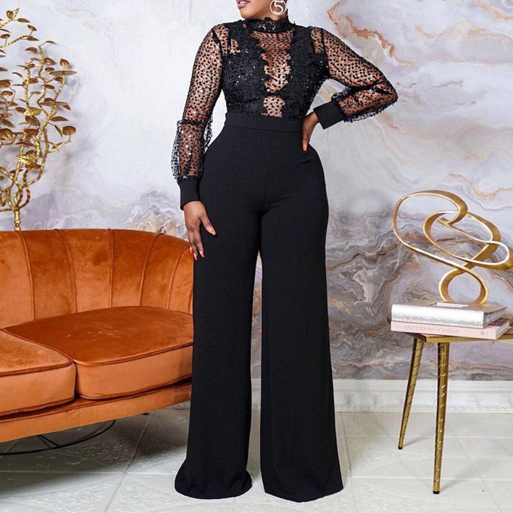 Plain Sequins Full Length Office Lady Slim Women's Jumpsuit