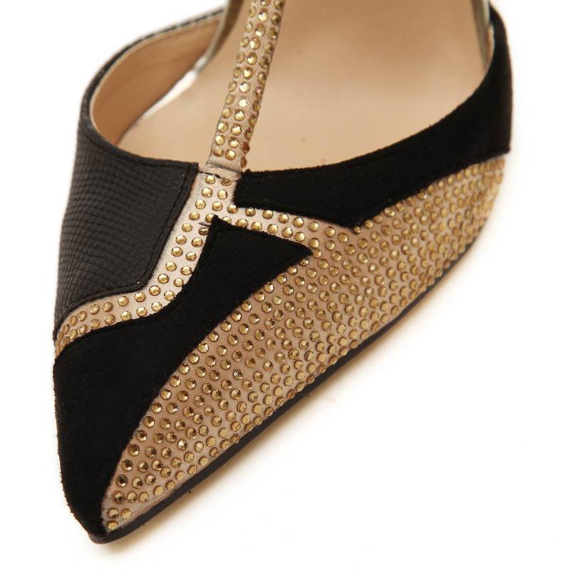 Stiletto Heel T-Shaped Buckle Pointed Toe Rhinestone Banquet Thin Shoes