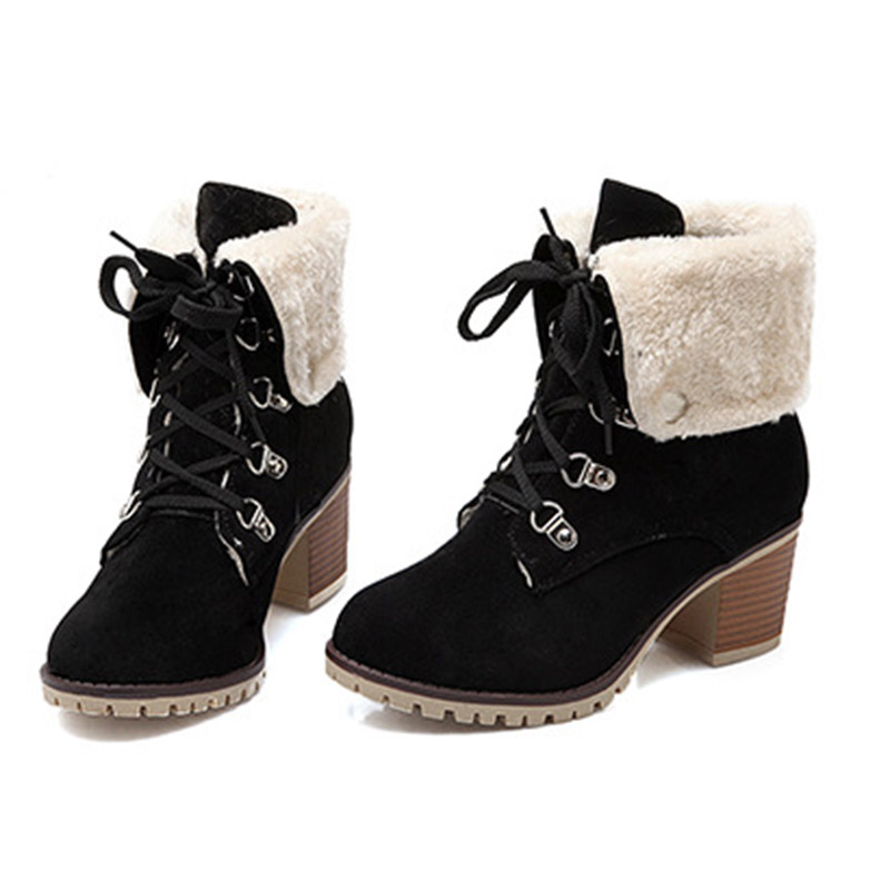 Lace-Up Front Chunky Heel Plain Round Toe Short Floss Boots
