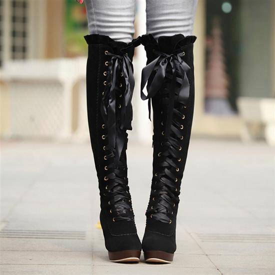 Plain Lace-Up Front Chunky Heel Round Toe Cross Strap Boots
