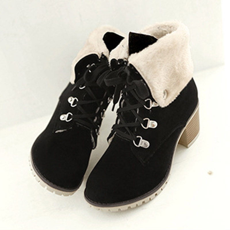 Lace-Up Front Chunky Heel Plain Round Toe Short Floss Boots