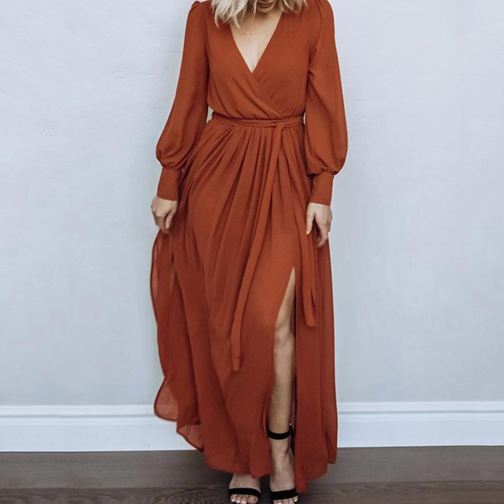 Split V-Neck Long Sleeve Floor-Length Plain Women's Dress