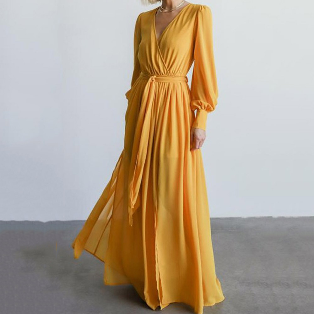 Split V-Neck Long Sleeve Floor-Length Plain Women's Dress