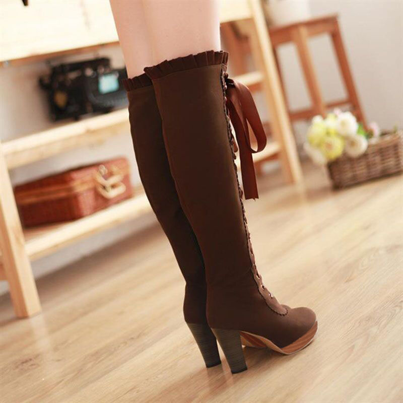 Plain Lace-Up Front Chunky Heel Round Toe Cross Strap Boots