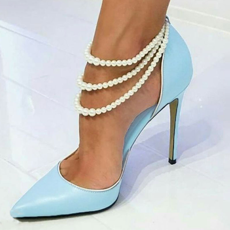 Stiletto Heel Beads Elastic Band Pointed Toe Plain Thin Shoes