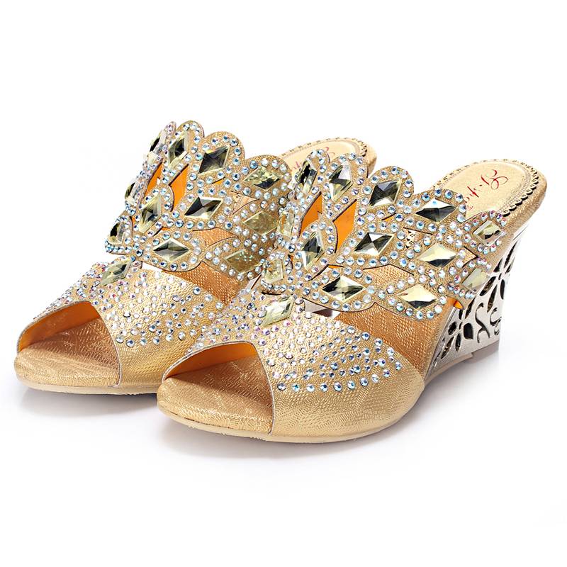 Wedge Heel Peep Toe Slip-On Rhinestone Sandals