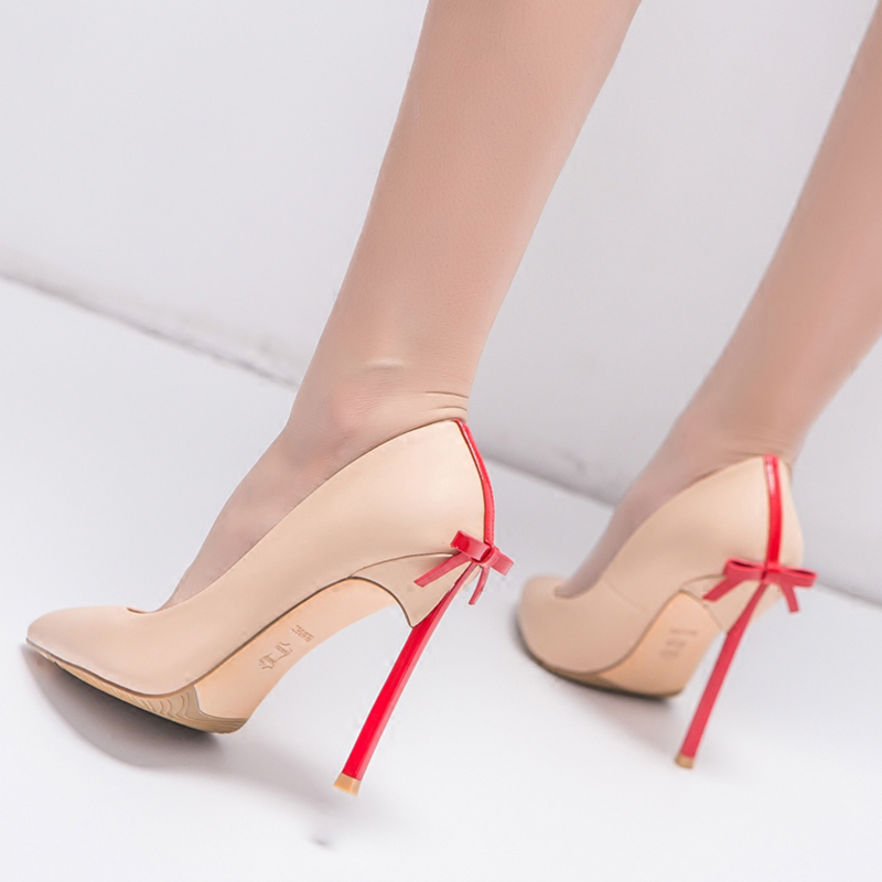 Bow Slip-On Pointed Toe Stiletto Heel Color Block Thin Shoes