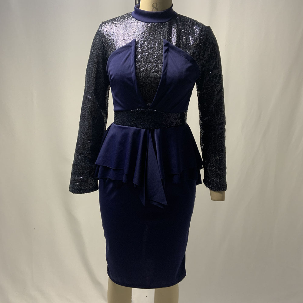 Long Sleeve Patchwork Stand Collar Mid-Calf High Waist Women's Dress