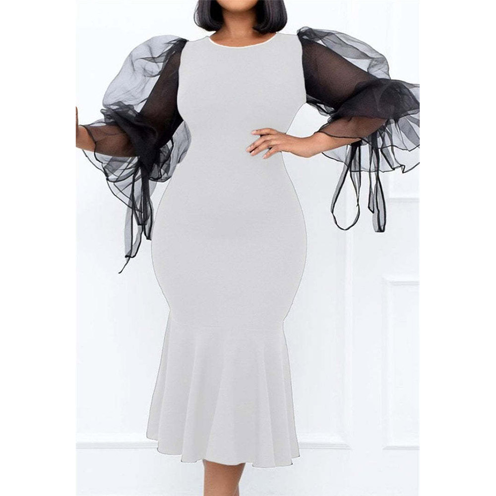 See-Through Mid-Calf Long Sleeve Round Neck Pullover Women's Dress