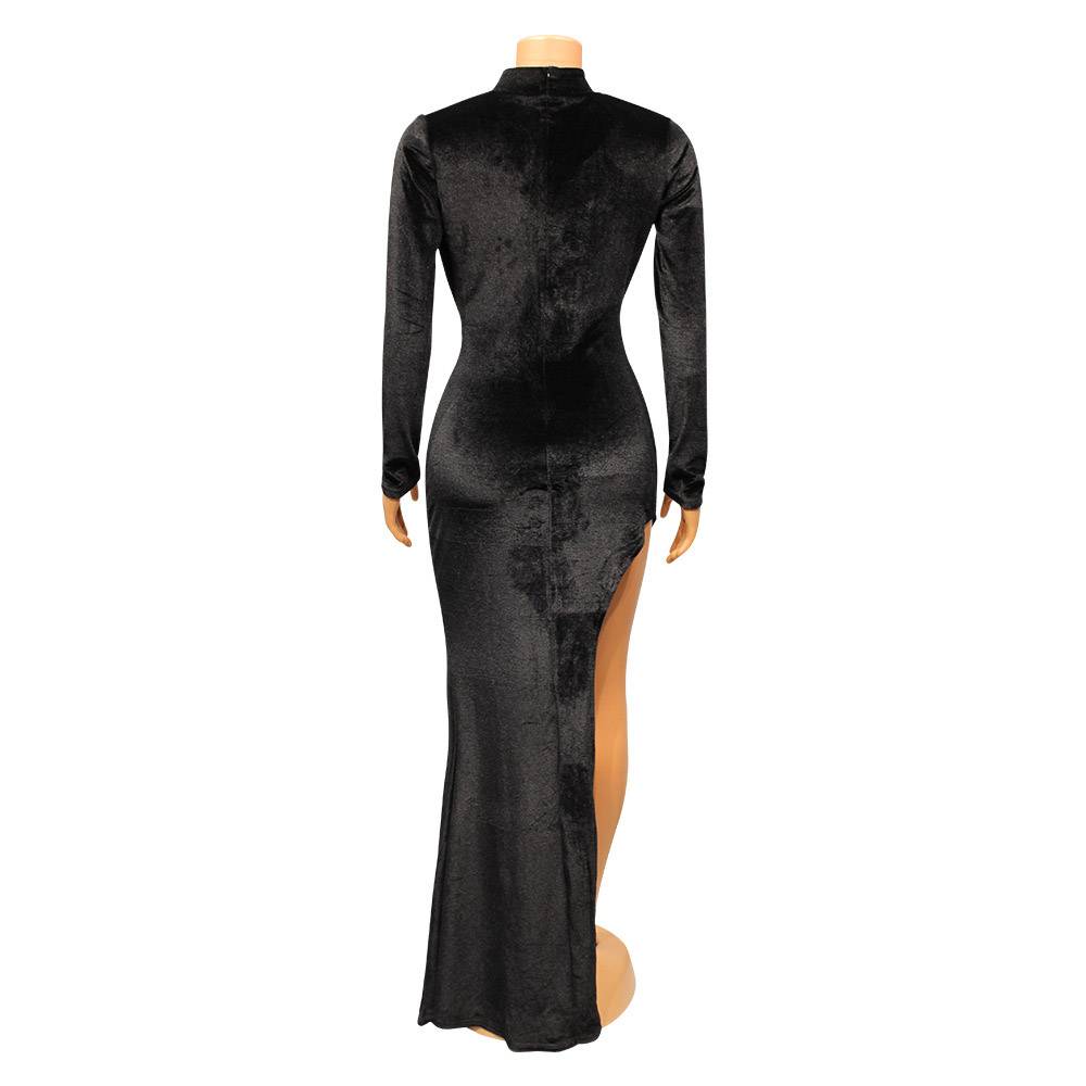 Stand Collar Split Long Sleeve Floor-Length Regular Women's Dress