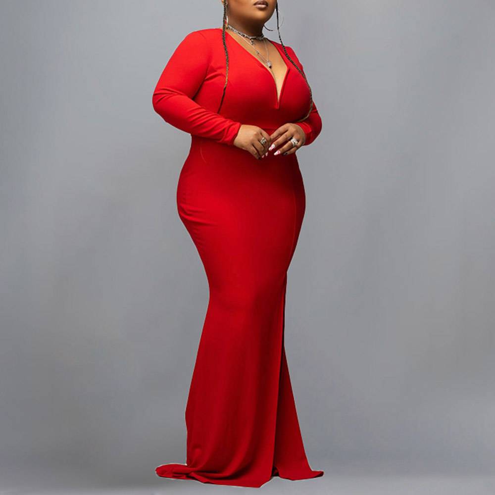 Floor-Length Split V-Neck Long Sleeve Fashion Women's Dress