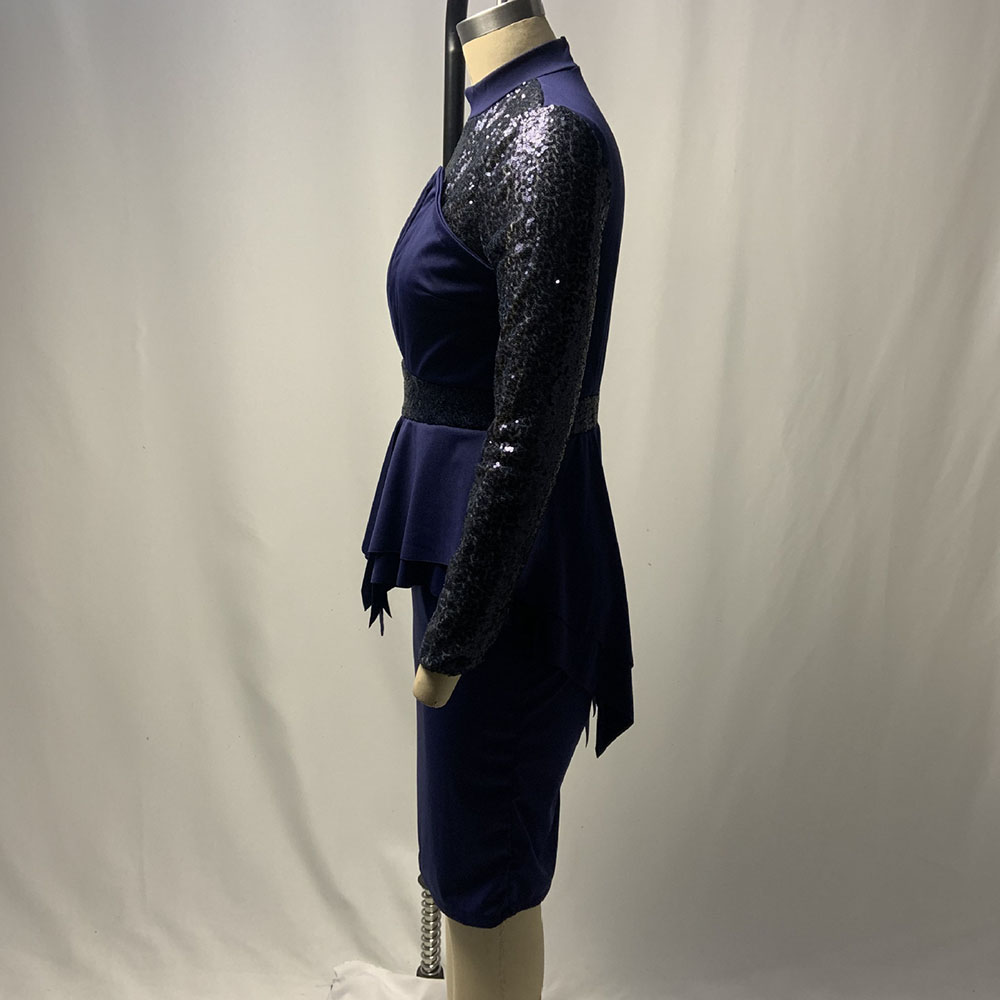 Long Sleeve Patchwork Stand Collar Mid-Calf High Waist Women's Dress