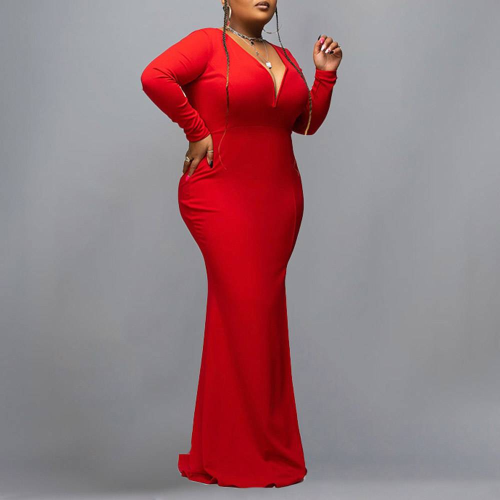 Floor-Length Split V-Neck Long Sleeve Fashion Women's Dress