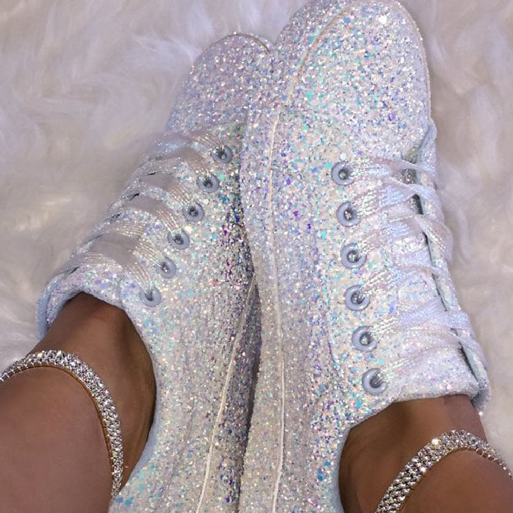 Sequin Round Toe Low-Cut Upper Lace-Up Plain Sneakers