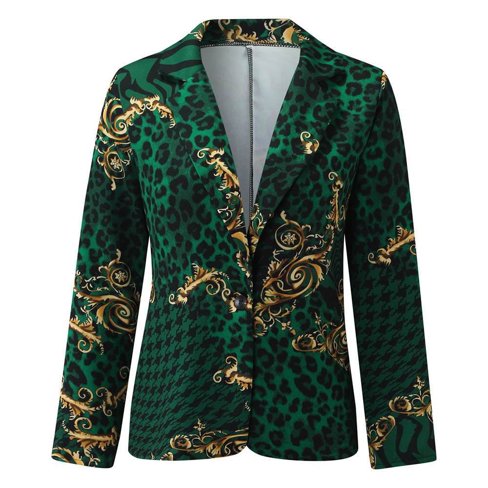 Long Sleeve Notched Lapel One Button Leopard Mid-Length Women's Casual Blazer