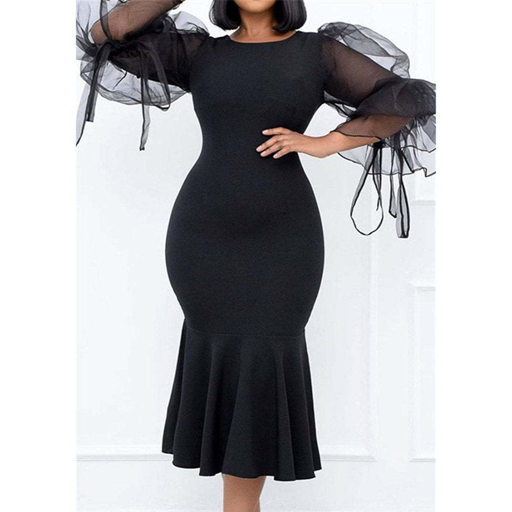 See-Through Mid-Calf Long Sleeve Round Neck Pullover Women's Dress