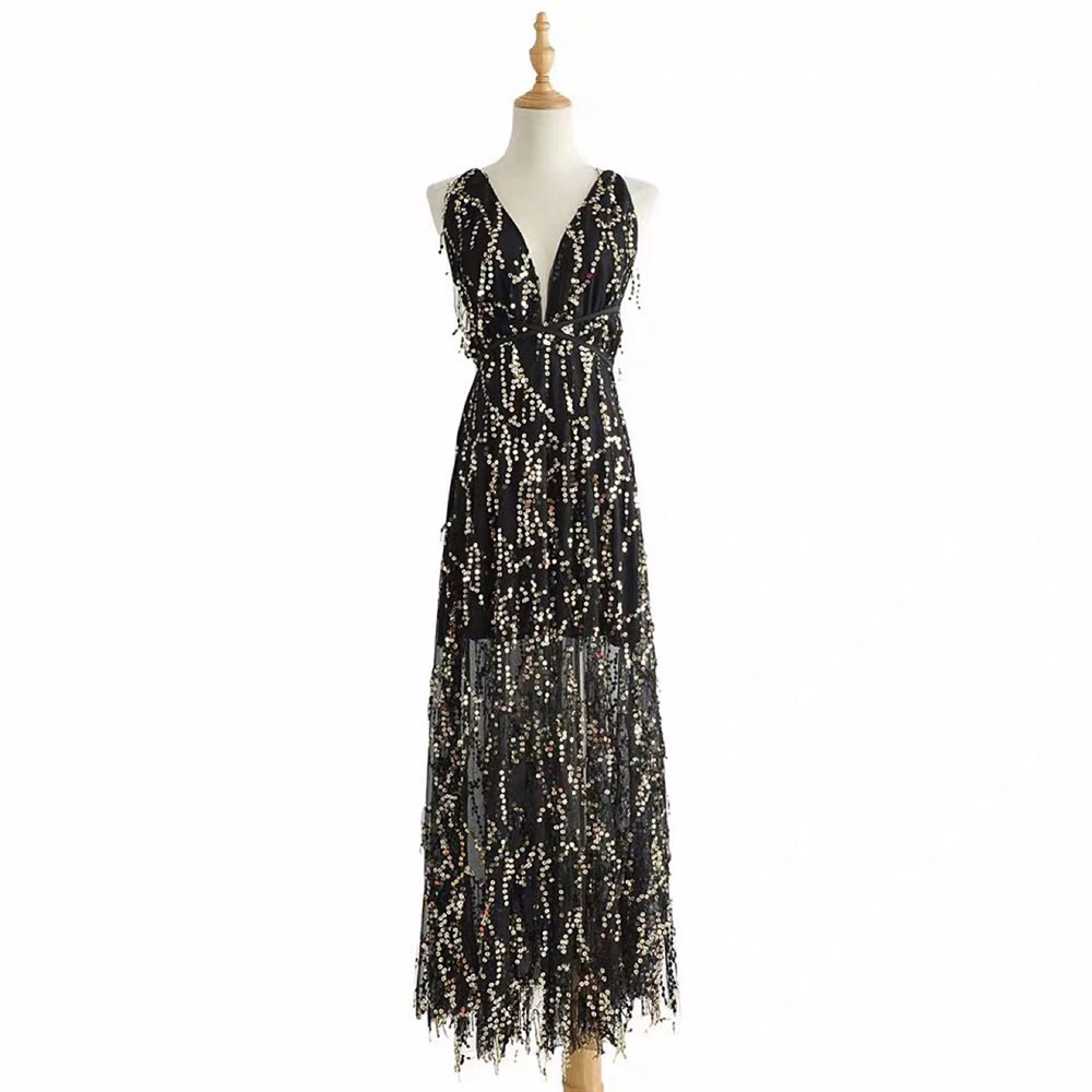 Sleeveless Sequins Floor-Length V-Neck High Waist Women's Dress