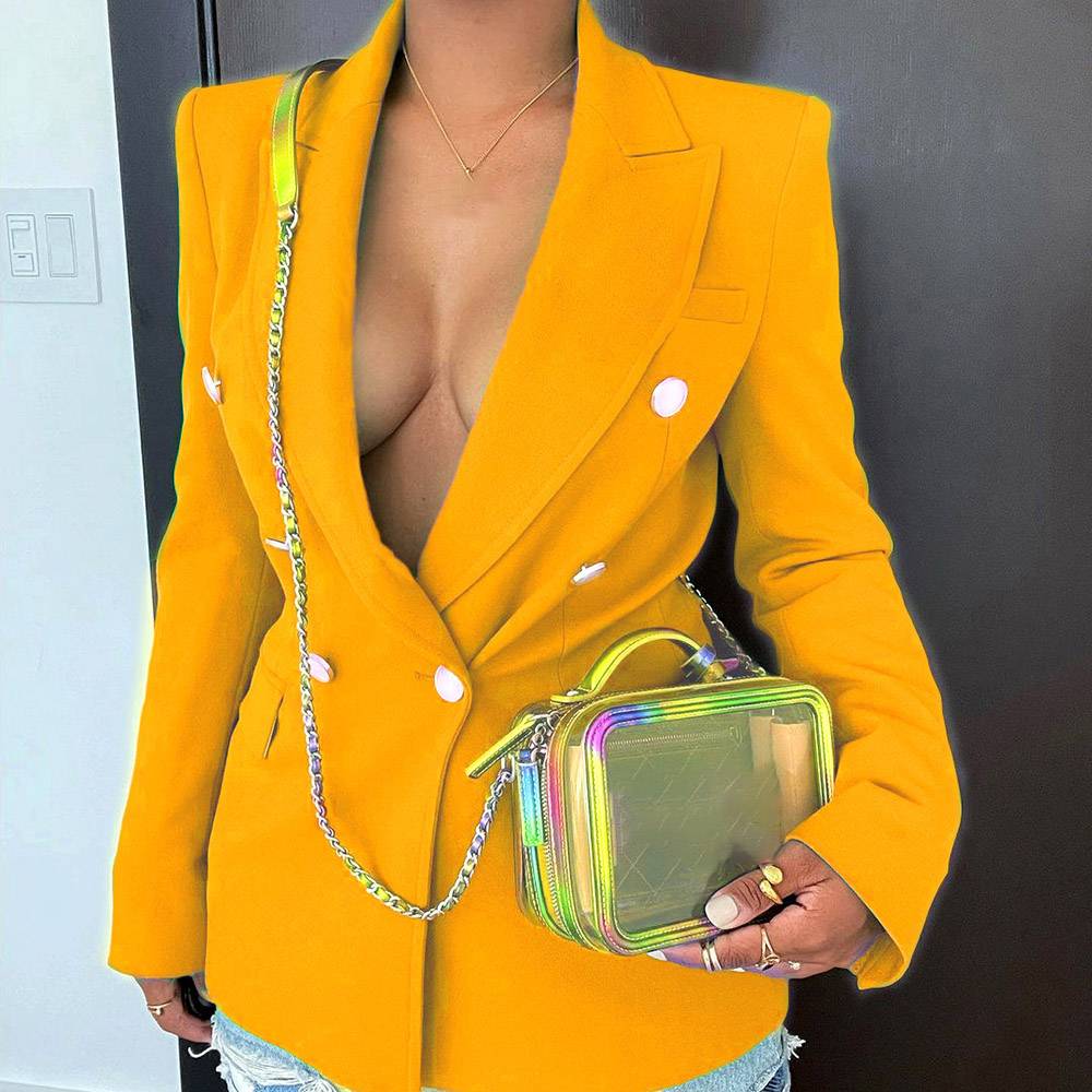 Plain Notched Lapel Double-Breasted Long Sleeve Mid-Length Women's Casual Blazer